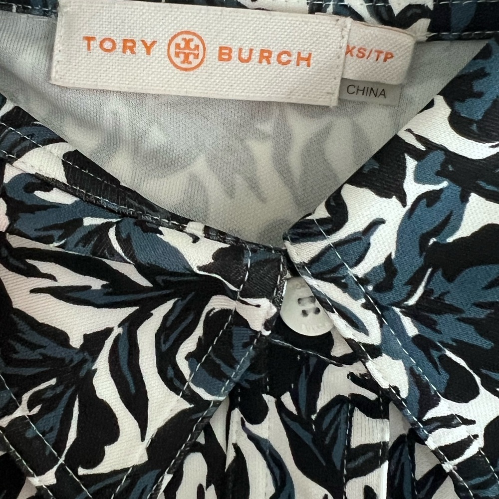 Tory Burch Black Navy White Leaf-Print Blouse